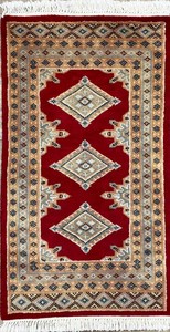 手織り絨毯　玄関マット　約50x80cm　ウール100％　レッド　パキスタン製　ラグ　民族柄【37702】