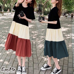 DE4152 半袖ワンピース ギャザースカート 大きいサイズ Aライン カジュアル かわいい 夏