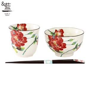 Mino Ware Gift Rice Bowl Japanese Tea Cup Red Chopstick