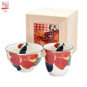 ＆藍●日本製 美濃焼 ギフト セット 和食器 食器 陶器●　花かいろう山茶花飯碗湯呑（ちりめん木箱）