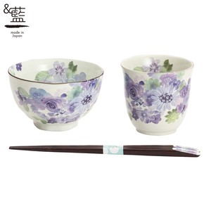 Mino Ware Gift Hana Kobo Rice Bowl Japanese Tea Cup Blue Chopstick