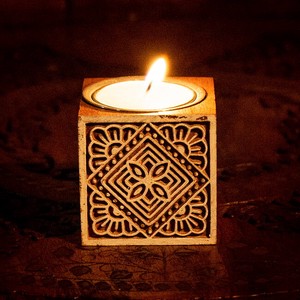 Wood Block Candle Holder Square Mandala