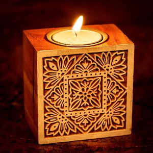 Wood Block Candle Holder Square Flower