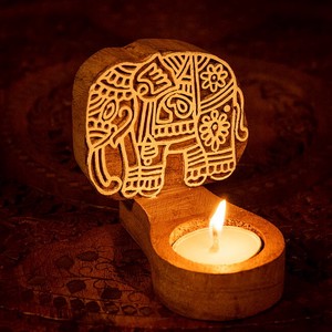 Wood Block Candle Holder Elephant