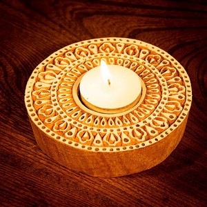 Wood Block Candle Holder Peacock