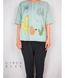 Cactus Motif Embroidery Tuck Flare Docking Pullover