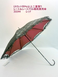 春夏新作）晴雨兼用・長傘-婦人　UVカット99％以上二重張りレース＆レースフリル晴雨兼用傘