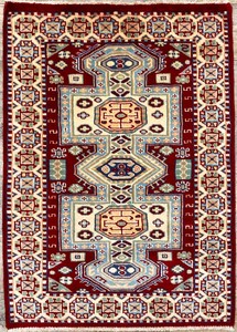 手織り絨毯　ラグ　約70x90cm　ウール100％　レッド　ハンドノット　マット　玄関　アフガン製【22340】