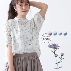Floral Pattern Half Length Stand Color Blouse Shirt Stand Color Gather Blouse 5 6