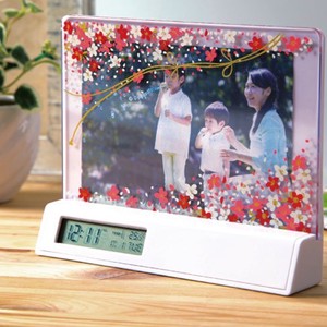 ☆日本伝統技法【新定番】MAKI-E Digital Clock and Picture Frame/ 蒔絵・時計付き写真たて　花束（白）