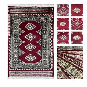 【柄おまかせ】手織り絨毯　玄関マット　約60x90cm　ウール100％　レッド　ラグ　パキスタン製