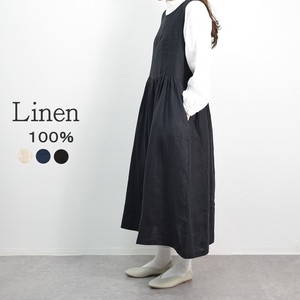 Linen 100% Sleeveless Pocket Funwari Gather Long One-piece Dress 100