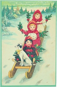 【4/30まで】クリスマス ポストカード ソリに乗る女の子たち【受注発注商品/ドイツ製】