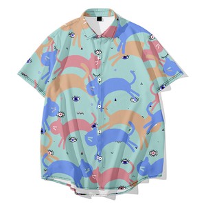 Button Shirt Patterned All Over Cat Summer Casual Japanese Pattern Men's