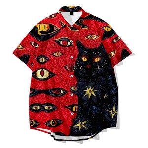 Button Shirt Red Patterned All Over Cat Summer Casual Japanese Pattern Men's