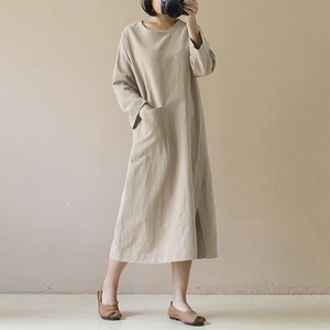 Casual Dress Plain Color Long Sleeves Front Pocket One-piece Dress 5-colors NEW