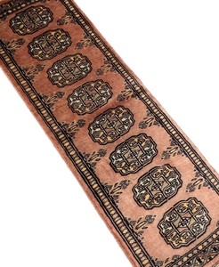 手織り絨毯　約30x90cm　ウール100％　ピンクグレー　パキスタン製　ラグ　ロング　民族柄【38698】