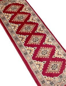 手織り絨毯　約30x90cm　ウール100％　レッド　パキスタン製　ラグ　ロング　民族柄【37987】