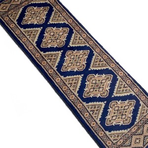 手織り絨毯　約30x90cm　ウール100％　ブルー　パキスタン製　ラグ　ロング　民族柄【37985】