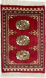 手織り絨毯　玄関マット　約50x80cm　ウール、シルク　レッド　パキスタン製　ラグ　民族柄【51423】