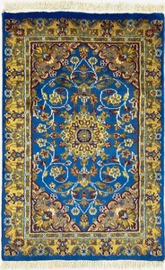 手織り絨毯　玄関マット　約60x90cm　ウール100％　ブルー　パキスタン製　ラグ　民族柄【50041】