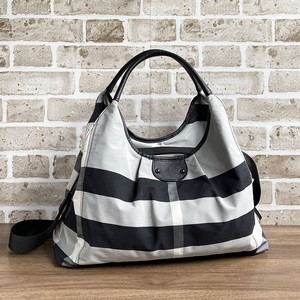 Cow Leather Attached Checkered Stripe Fabric Tote