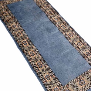 手織り絨毯　ラグ　約60x130cm　ウール100％　ブルーグレイ　パキスタン製　マット　ロング【13363】