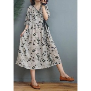 Ladies Leisurely Flower Cotton Long Sleeve Long One-piece Dress 372 Clothing
