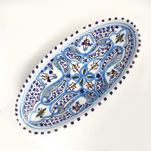 【再入荷】スラマ陶器 手描き浅皿楕円 D20 地中海風ターコイズ