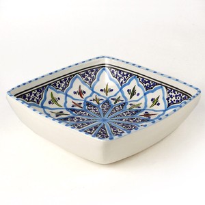 スラマ陶器 手描き四角深皿 18x18 ターコイズ