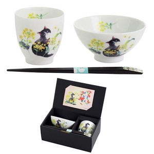 Porcelain Gift Cat Rice Bowl Japanese Tea Cup Rape Blossoms Chopstick