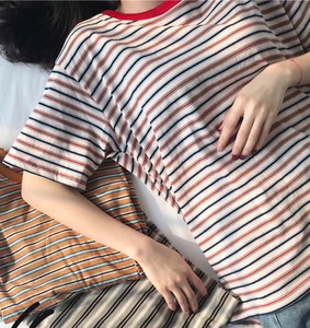 Korea Stripe Outerwear Short Sleeve Ladies Top T-shirt Blouse