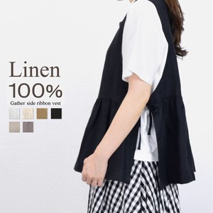 麻100%　リネン 　サイドリボン　ギャザー　ベスト　Vest　　linen【2024年ブラック再入荷】