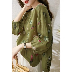 Embroidery Cotton Floral Pattern Breathable Top Outerwear Ladies T-shirt Blouse