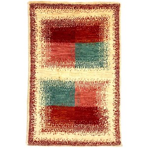 手織り絨毯　ラグ　約60x90cm　ウール100％　ベージュ　マット　アフガン製【35979】