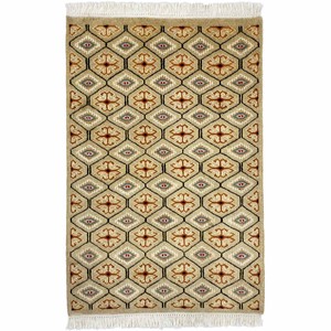 手織り絨毯　玄関マット　約60x90cm　ウール100％　ベージュ　パキスタン製　ラグ　民族柄【38097】