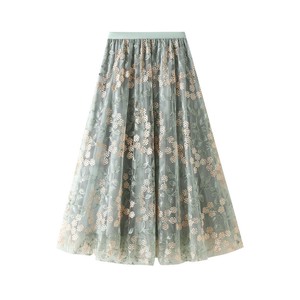 Embroidery Skirt Long Skirt Elastic Waist Flare Skirt