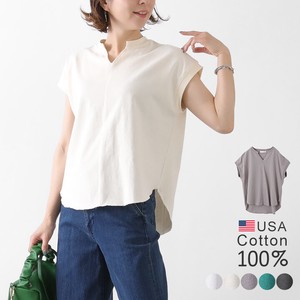 T-shirt Pullover Plain Color T-Shirt French Sleeve Keyhole Neck Short-Sleeve Cut-and-sew