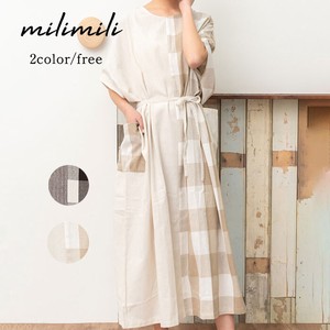 Casual Dress Pocket Check Linen Cotton One-piece Dress Ladies' MIX