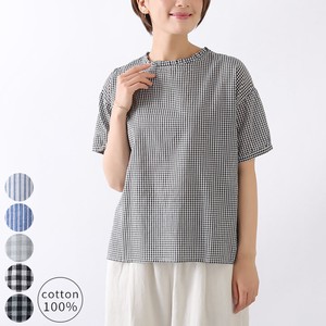 Frill Blouse Short Sleeve Pullover Stand Stripe Gingham Check 9 7 9 1