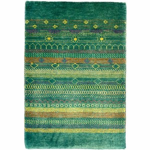 手織り絨毯　ラグ　約60x90cm　ウール100％　グリーン　マット　アフガン製【36755】