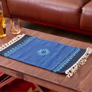 【キャンプで映える】手織りウールのキリム テーブルマット 約32×45cm 「アンシュ」 ブルー
