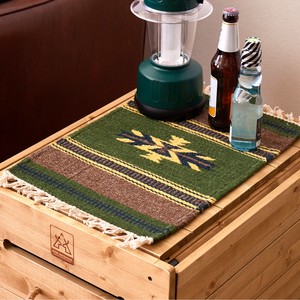 【キャンプで映える】手織りウールのキリム テーブルマット 約32×45cm 「イーシュ」グリーン