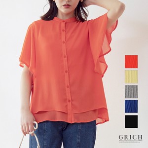 11 202 Top Blouse Short Sleeve Chiffon Frill Non-colored Band Color Button