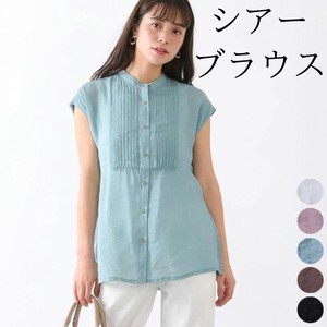 Button Shirt/Blouse Band-Collar Shirt Pintucked Tops French Sleeve Sheer
