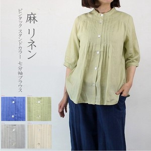 Button Shirt/Blouse Pintucked 3/4 Length Sleeve Linen Stand-up Collar Front Opening