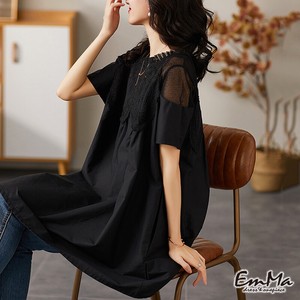 DE0584 刺繍半袖チュニックシャツ ブラック 上品 カジュアル 大きいサイズ