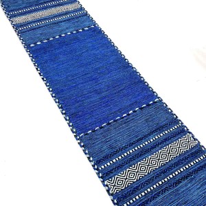 手織り　キリム　ラグ　コットン　ブルー　ロング　マット　洗濯可　インド製【ML011】