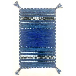 手織り　キリム　ラグ　コットン　ブルー　マット　洗濯可　インド製【M034】