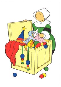 ポストカード 絵本 イラスト ベカシーヌ「おもちゃの箱を開けるベカシーヌ」
